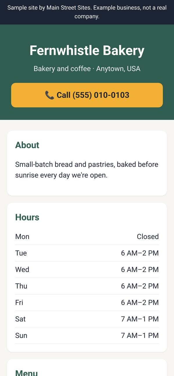 Sample website for a fictional bakery, shown on a phone screen