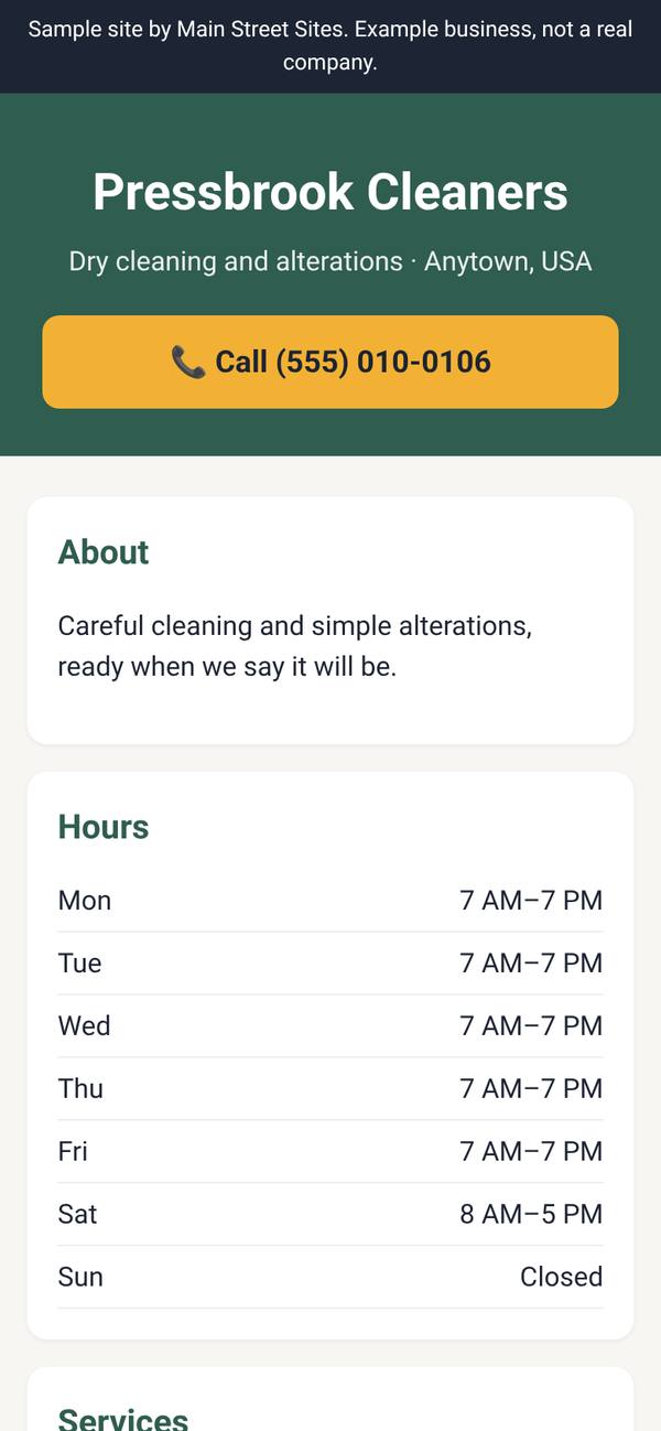 Sample website for a fictional dry cleaner, shown on a phone screen
